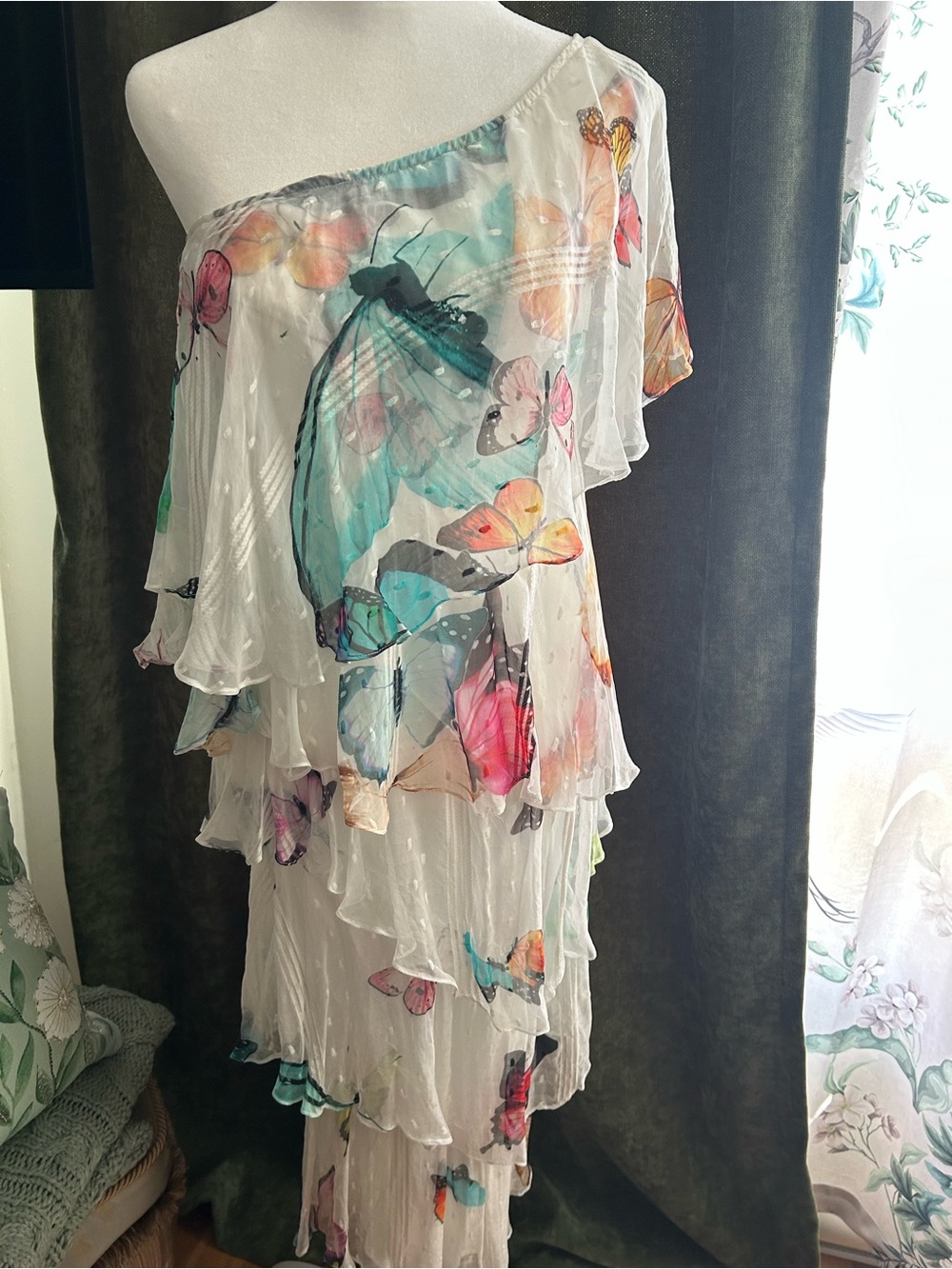 Butterfly Print Tiered One-Shoulder Dress - White with Multicolor Butterflies